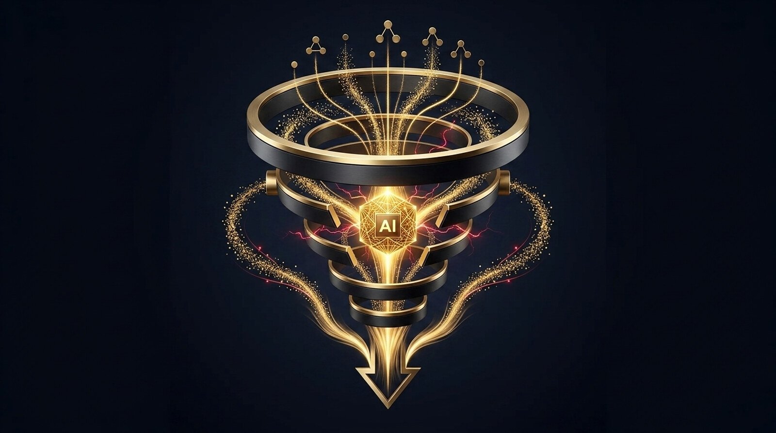 Ilustração de um funil de vendas com o foco na parte de baixo, representando o fundo de funil no Google Ads