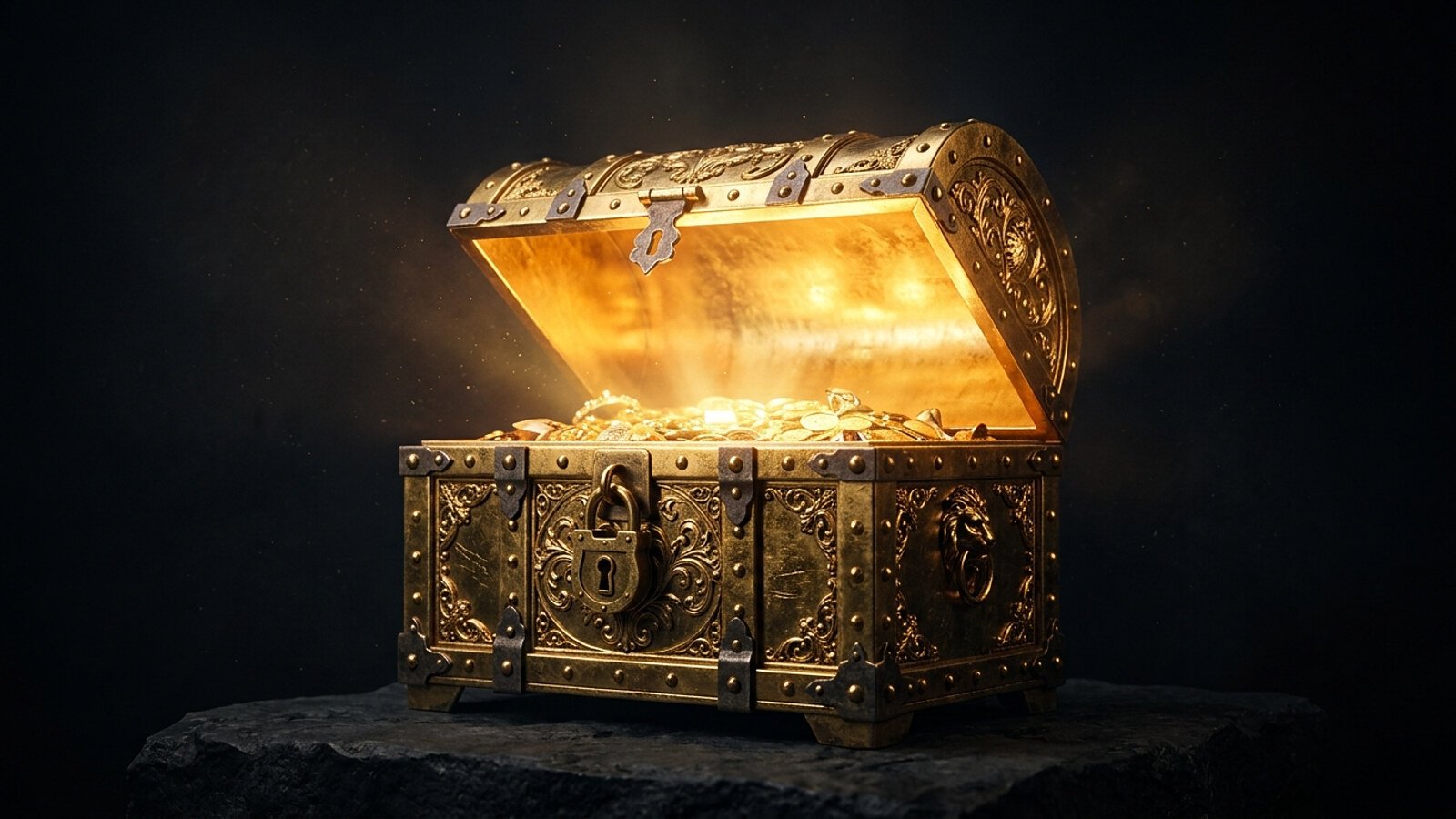 Ilustração de um baú do tesouro dourado entreaberto representando plataformas ocultas