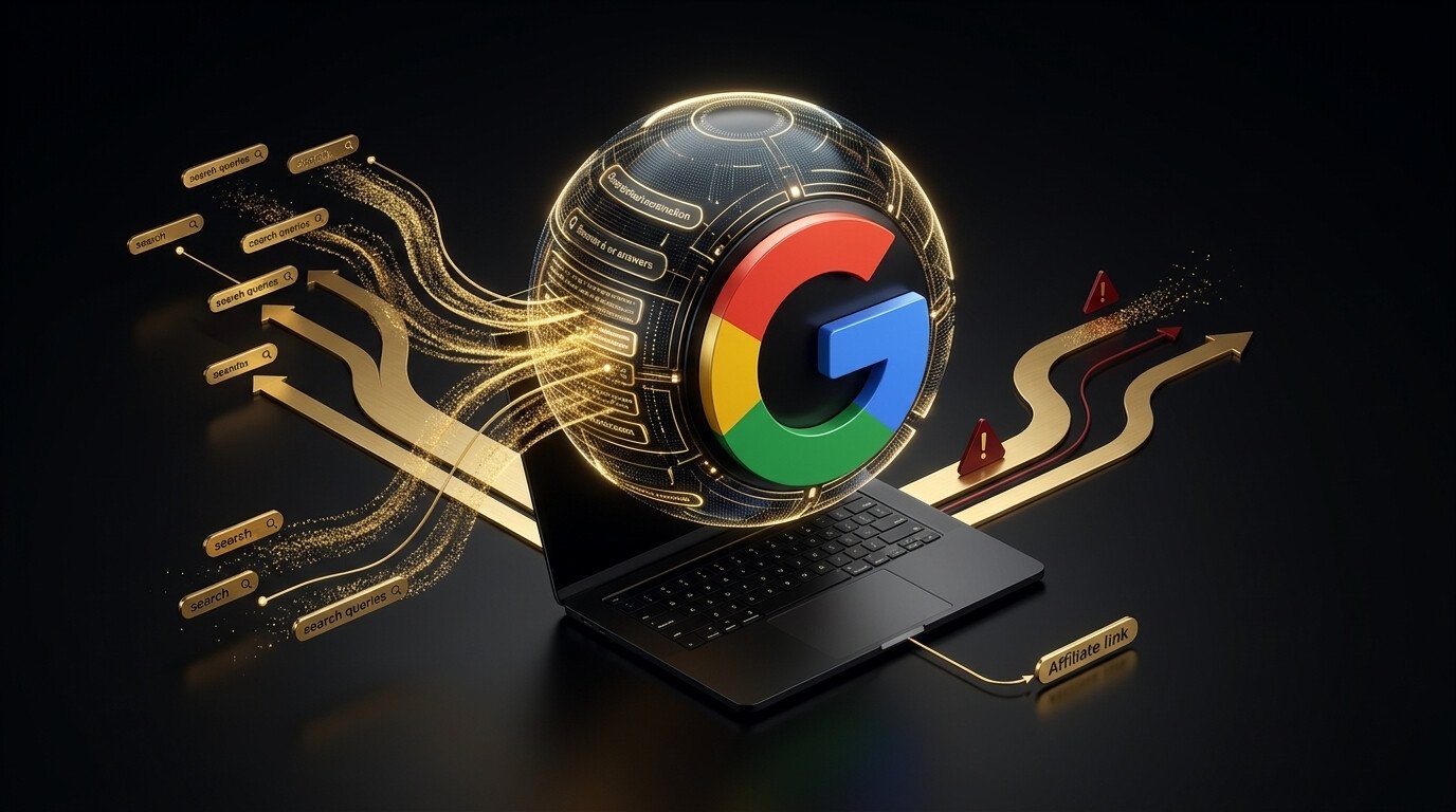 Represa de comporta fechada segurando o fluxo antes que ele chegue ao leito seco, símbolo do clique retido pela IA do Google