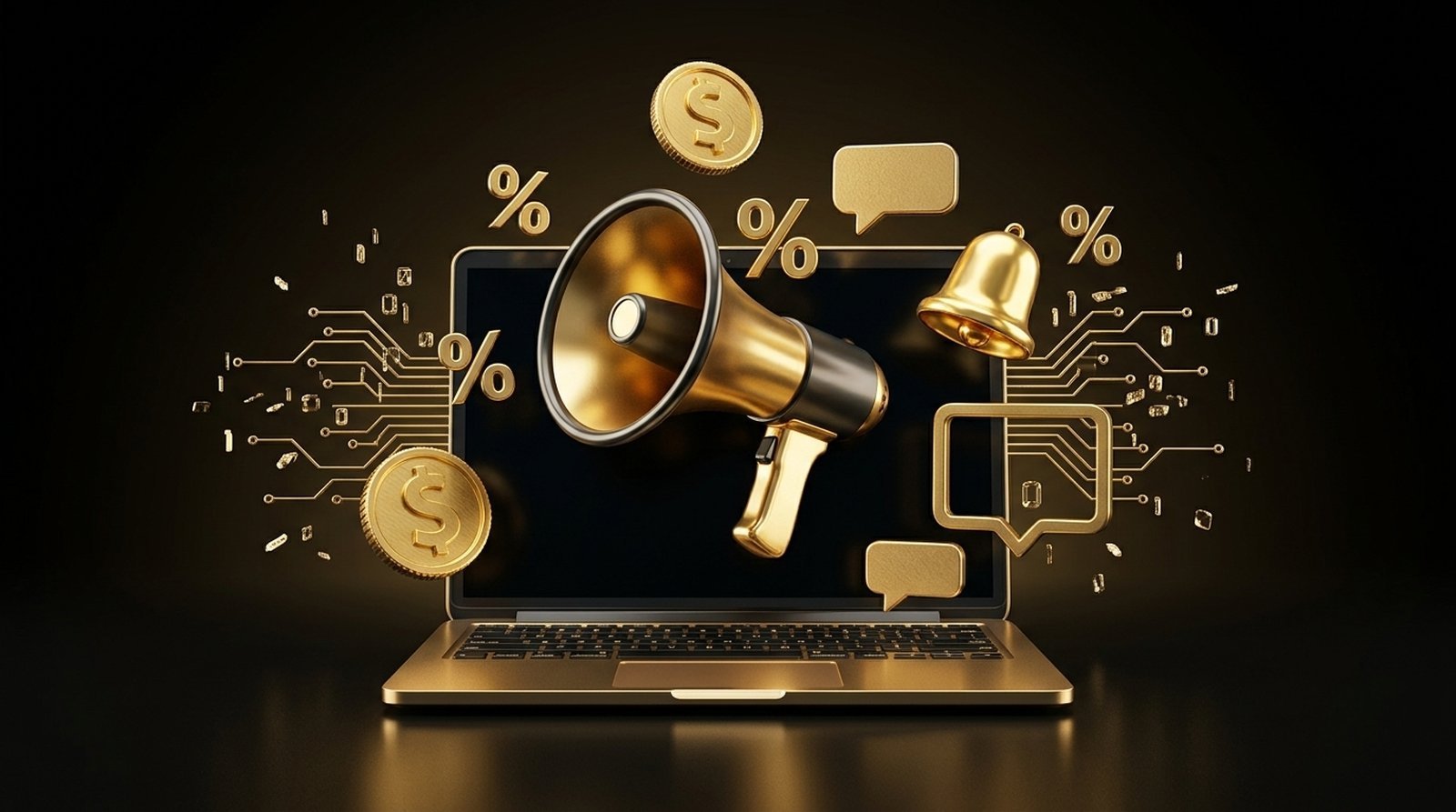 Ilustração dourada de marketing de afiliados com laptop, megafone, moedas e ícones de porcentagem e comissão