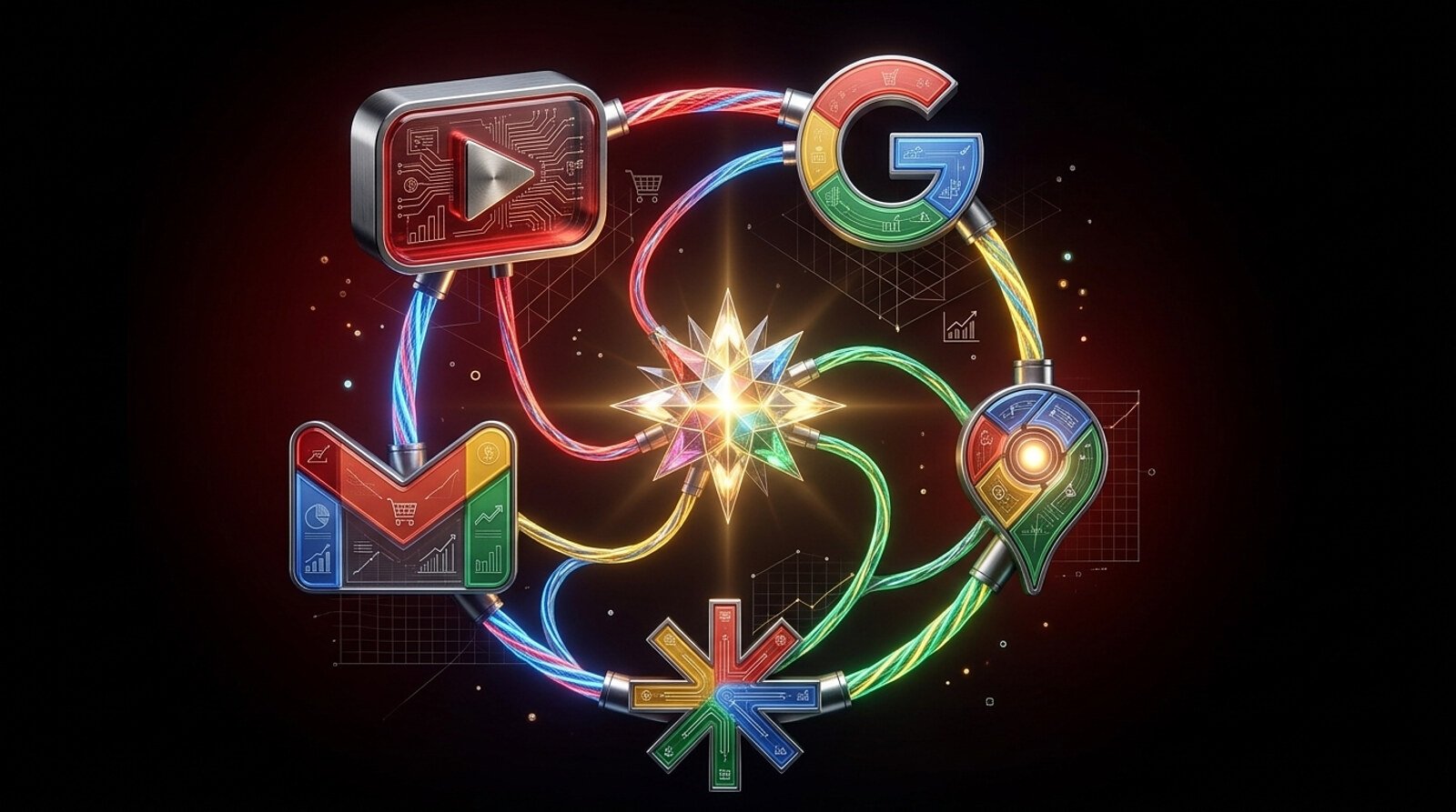 Ilustração representando uma campanha Performance Max do Google Ads distribuindo anúncios em vários canais