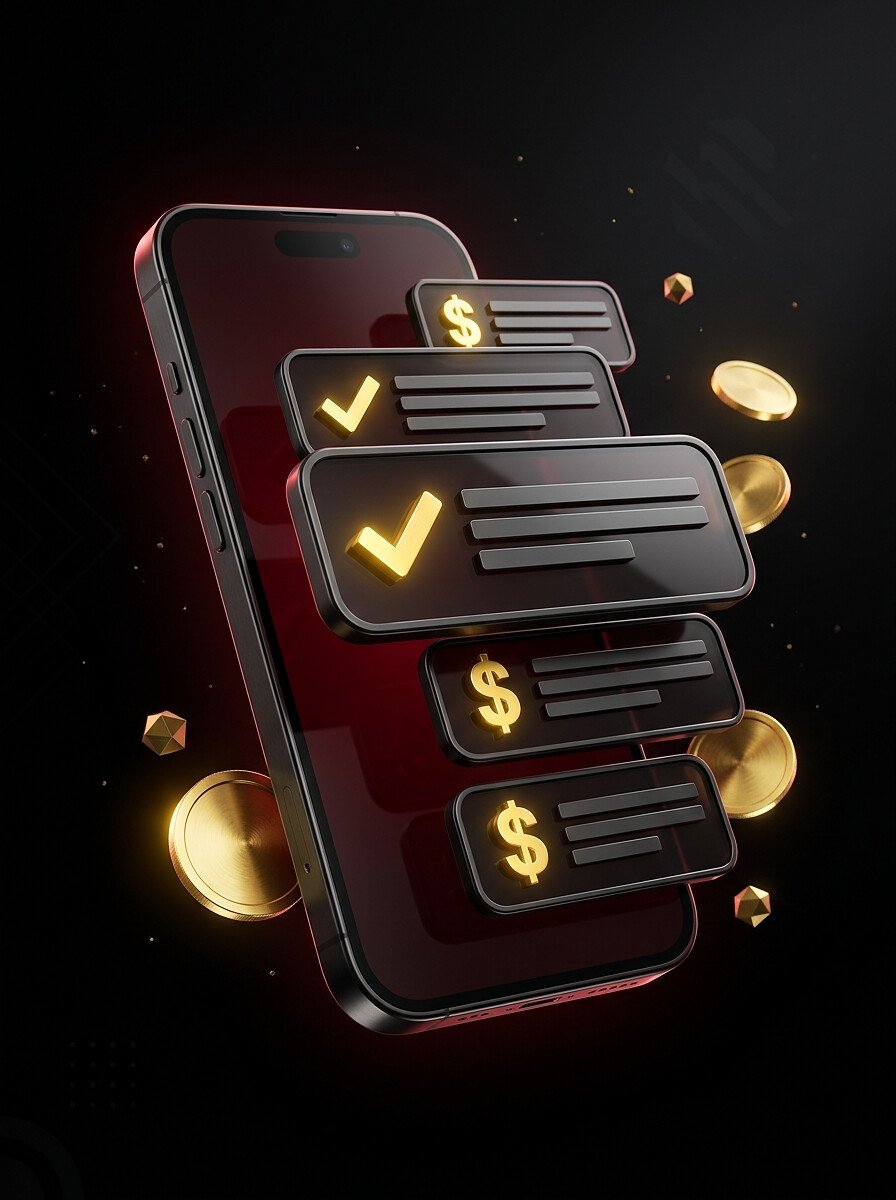 Celular exibindo uma sequência de notificações com ícones de confirmação e de cifrão, cercado por moedas douradas flutuando