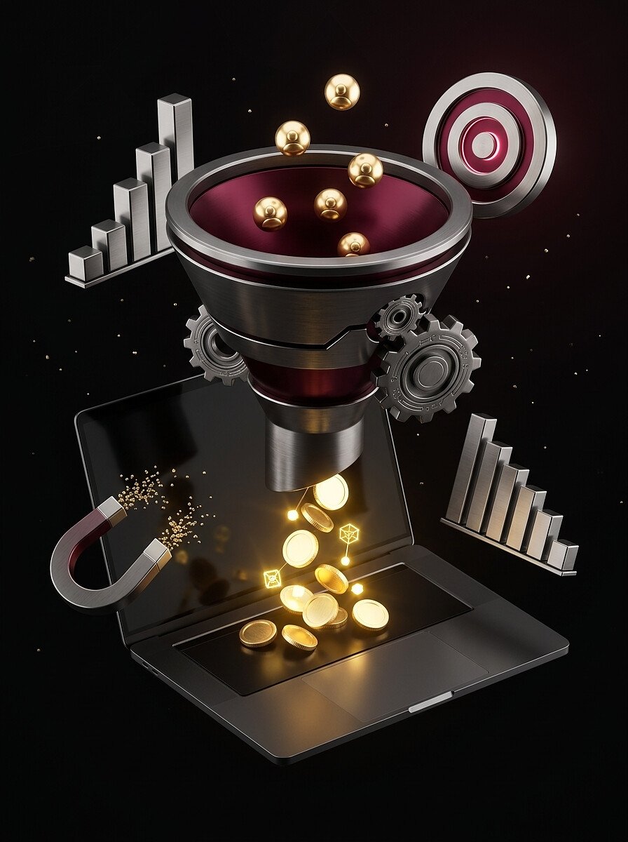 Espiral descendente de bandejas levando uma moeda até a base, com as peças de um funil distribuídas nos níveis
